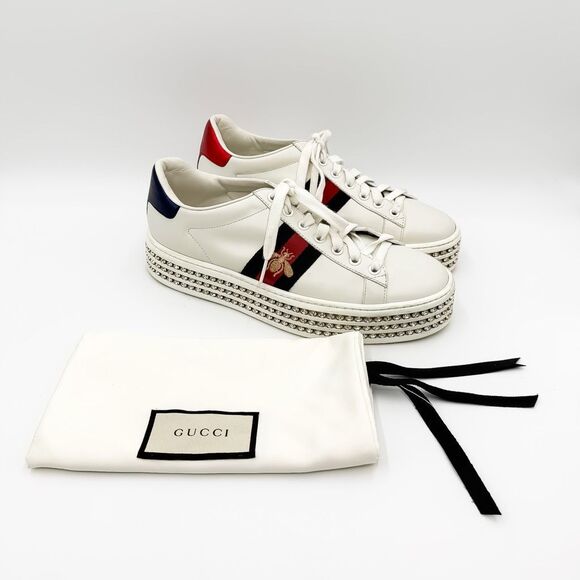 Gucci Ace Web Stripe Crystal Platform White Leather Bee Sneakers Size 37.5, 7.5 - Picture 1 of 15
